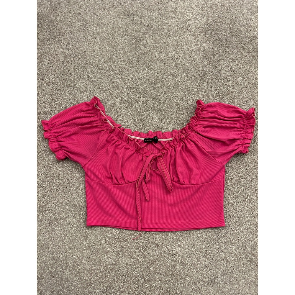 SHEIN Crop Top Womens Large Pink Excellent Ribbed Tie Front Puff Sleeve Ruffle - Picture 2 of 11